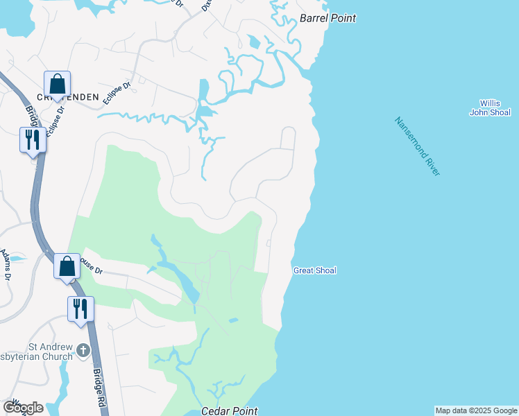 map of restaurants, bars, coffee shops, grocery stores, and more near 9104 River Crescent in Suffolk