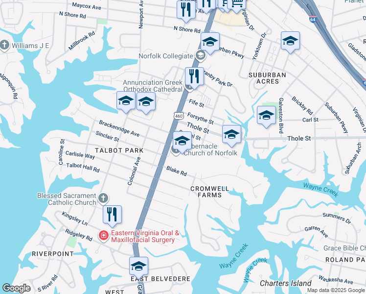 map of restaurants, bars, coffee shops, grocery stores, and more near 127 Filbert Street in Norfolk