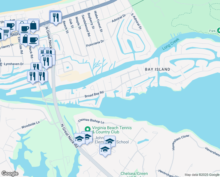 map of restaurants, bars, coffee shops, grocery stores, and more near 2628 Broad Bay Rd in Virginia Beach