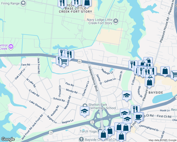 map of restaurants, bars, coffee shops, grocery stores, and more near 2017 Independence Boulevard in Virginia Beach
