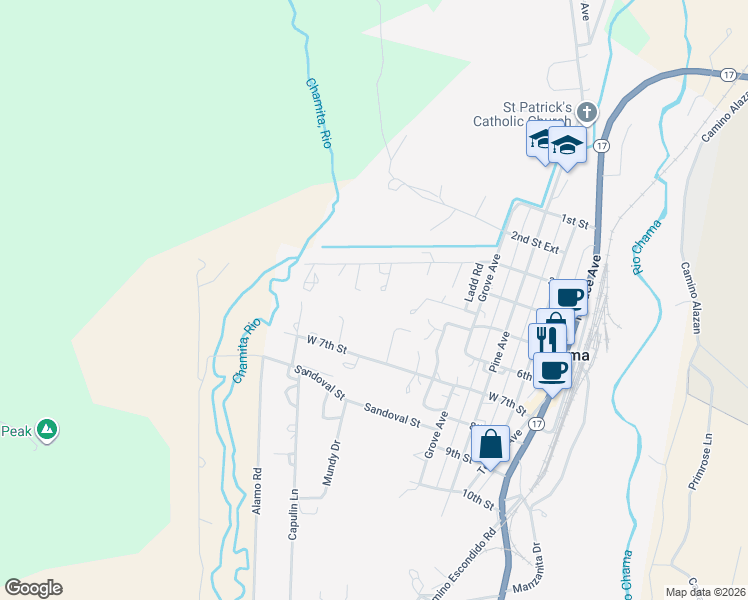 map of restaurants, bars, coffee shops, grocery stores, and more near 608 3rd Street in Chama
