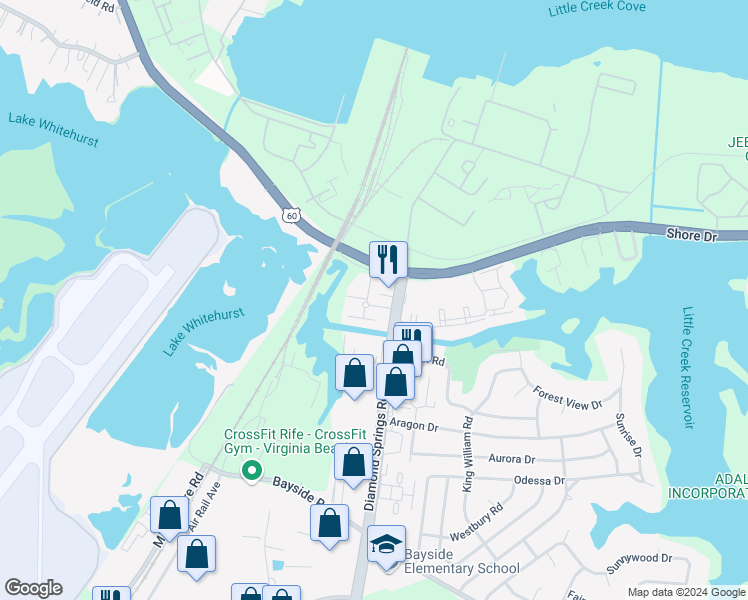 map of restaurants, bars, coffee shops, grocery stores, and more near 5721 Lenox Drive in Virginia Beach