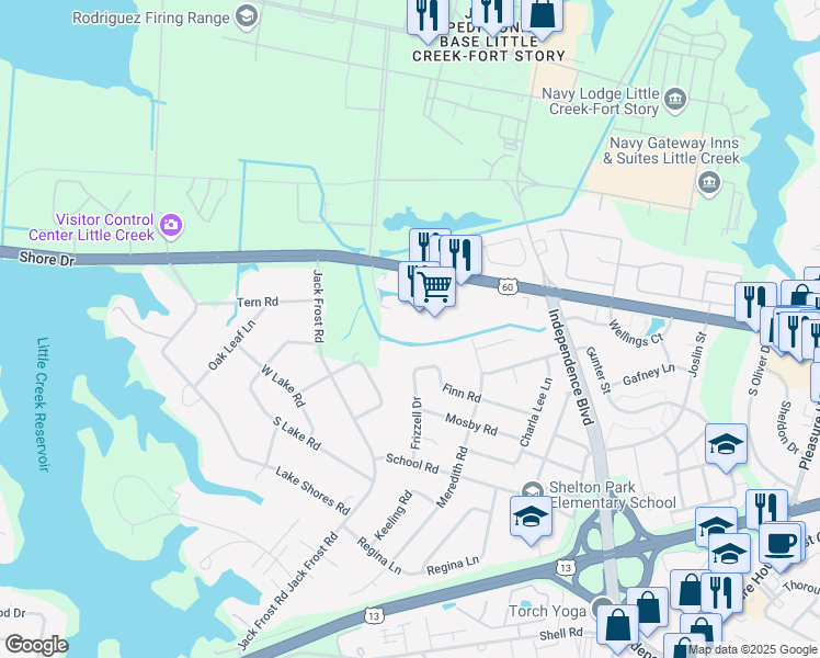 map of restaurants, bars, coffee shops, grocery stores, and more near 5201 Mile Course Walk in Virginia Beach