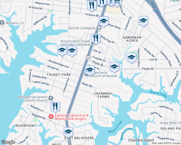 map of restaurants, bars, coffee shops, grocery stores, and more near 127 Filbert Street in Norfolk
