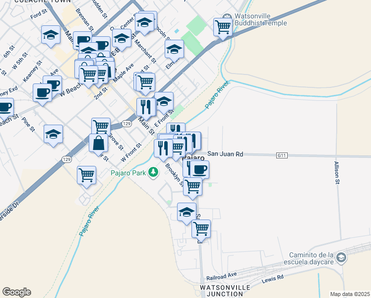 map of restaurants, bars, coffee shops, grocery stores, and more near in Pajaro