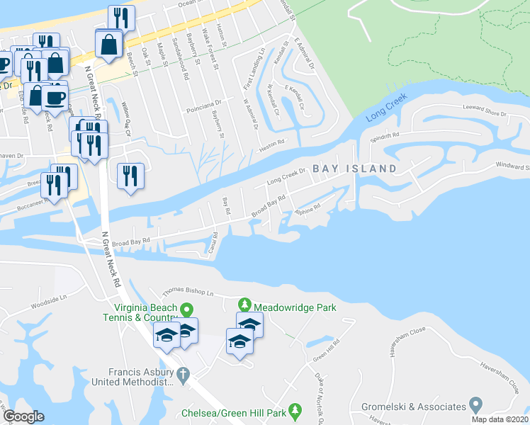 map of restaurants, bars, coffee shops, grocery stores, and more near 2617 Broad Bay Road in Virginia Beach