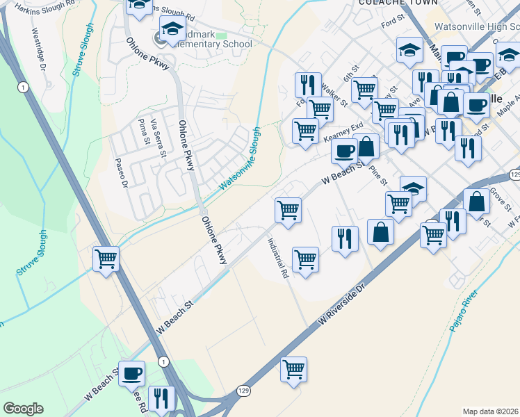 map of restaurants, bars, coffee shops, grocery stores, and more near 860 West Beach Street in Watsonville