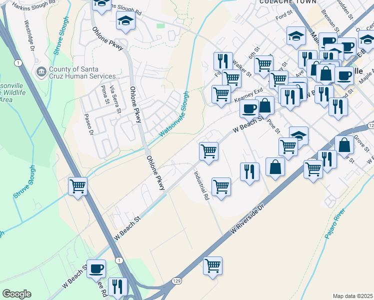 map of restaurants, bars, coffee shops, grocery stores, and more near 860 West Beach Street in Watsonville