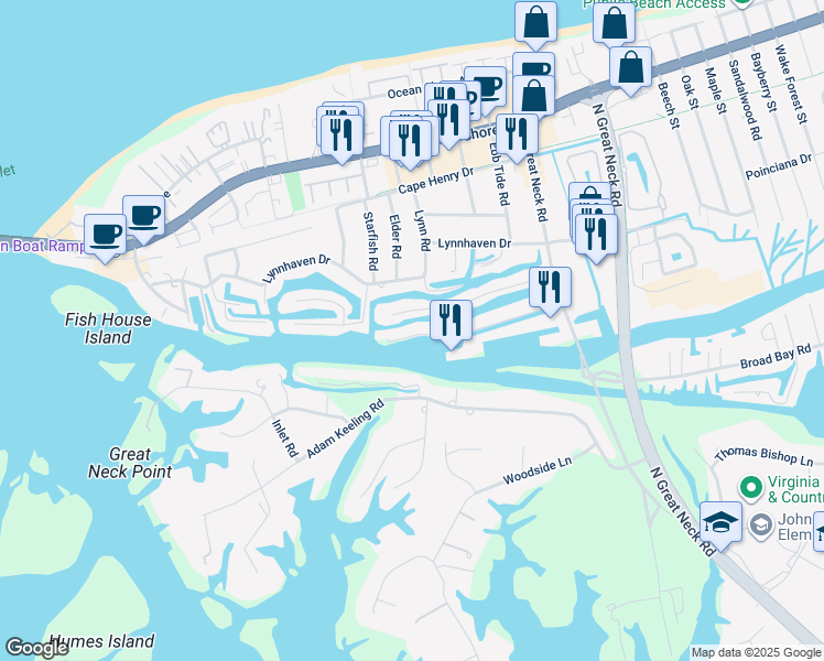 map of restaurants, bars, coffee shops, grocery stores, and more near 2972 Buccaneer Road in Virginia Beach
