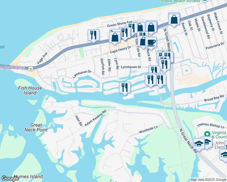 map of restaurants, bars, coffee shops, grocery stores, and more near 2972 Buccaneer Road in Virginia Beach