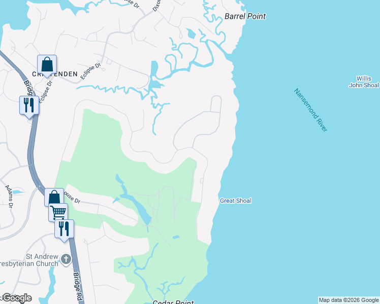 map of restaurants, bars, coffee shops, grocery stores, and more near 9100 River Crescent in Suffolk