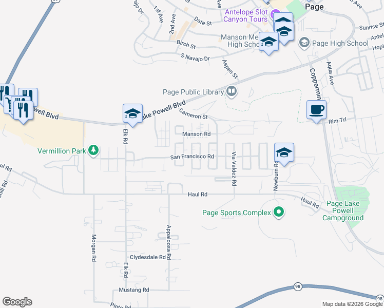 map of restaurants, bars, coffee shops, grocery stores, and more near 34-60 Sunset St in WILLIAMS