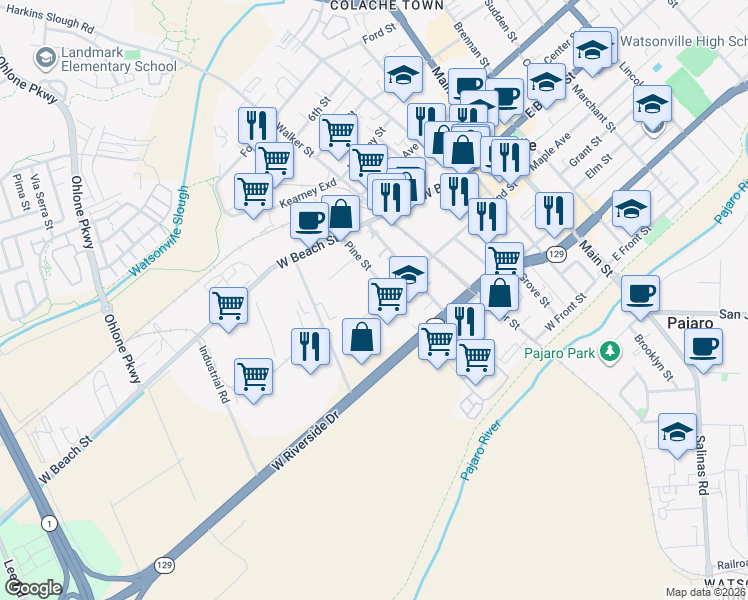 map of restaurants, bars, coffee shops, grocery stores, and more near 430 2nd Street in Watsonville