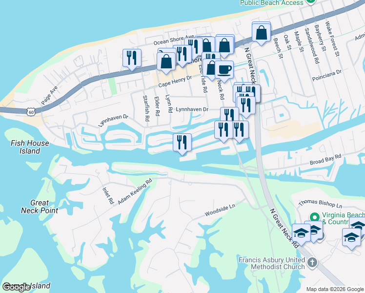 map of restaurants, bars, coffee shops, grocery stores, and more near 2952 Buccaneer Road in Virginia Beach
