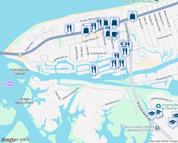 map of restaurants, bars, coffee shops, grocery stores, and more near 2972 Buccaneer Road in Virginia Beach