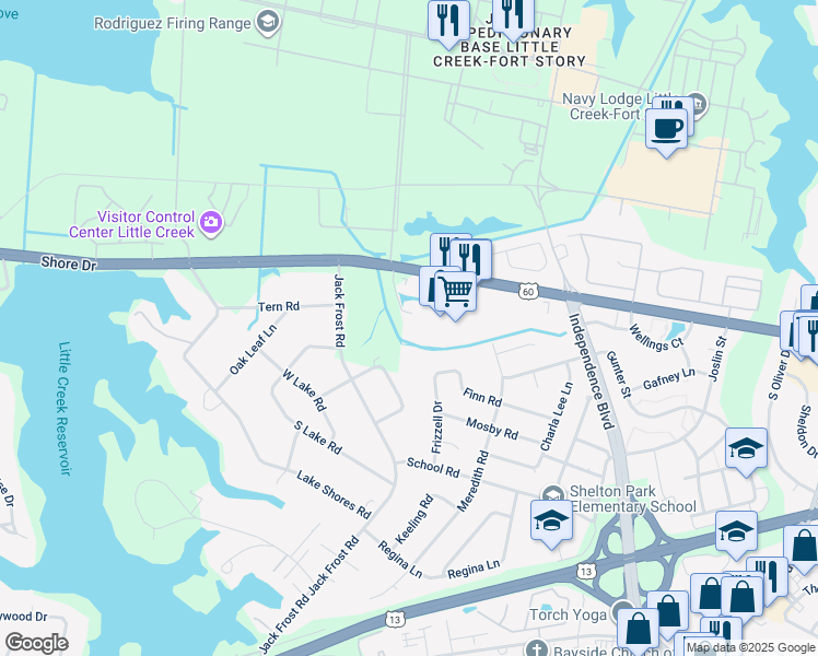 map of restaurants, bars, coffee shops, grocery stores, and more near 5257 Mile Course Walk in Virginia Beach
