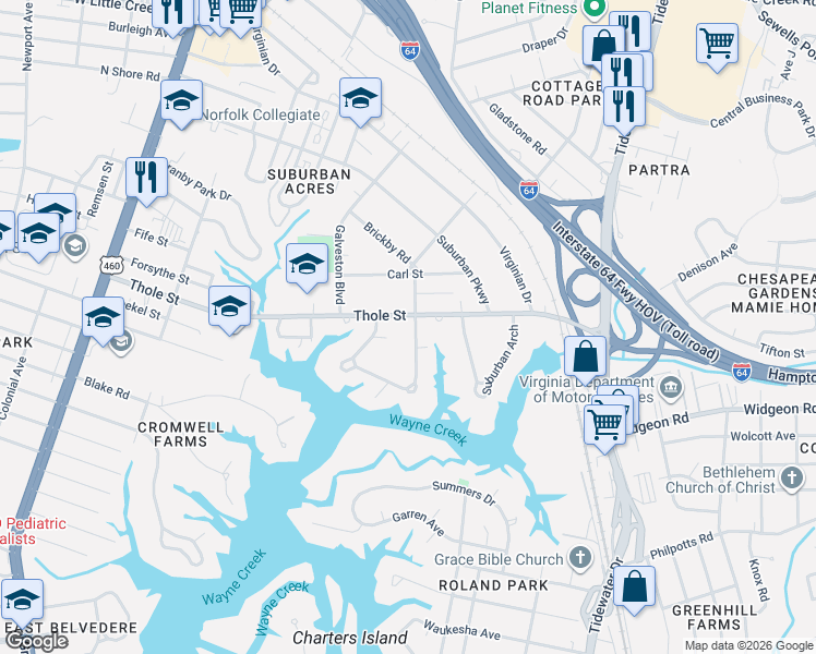 map of restaurants, bars, coffee shops, grocery stores, and more near 7090 Kirby Crescent in Norfolk