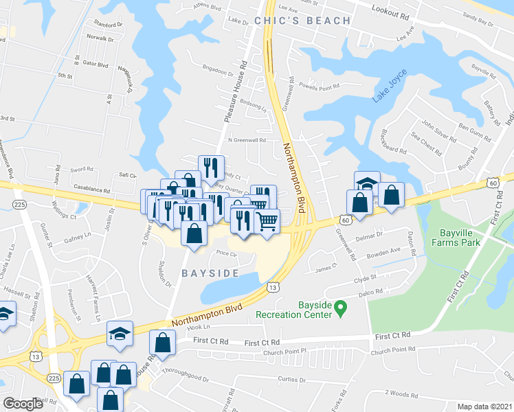 map of restaurants, bars, coffee shops, grocery stores, and more near 4608 Flicka Court in Virginia Beach