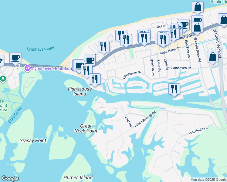 map of restaurants, bars, coffee shops, grocery stores, and more near 3117 Dolphin Road in Virginia Beach