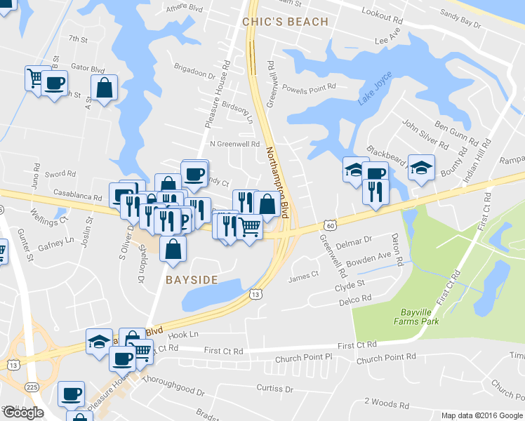 map of restaurants, bars, coffee shops, grocery stores, and more near 4600 Downeast Court in Virginia Beach