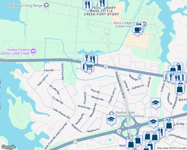 map of restaurants, bars, coffee shops, grocery stores, and more near 5193 Shore Drive in Virginia Beach
