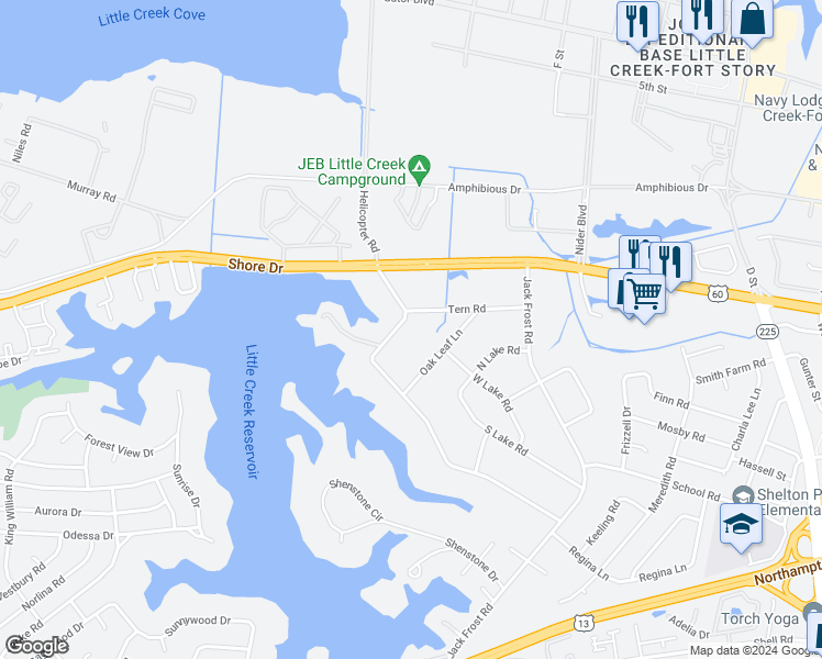 map of restaurants, bars, coffee shops, grocery stores, and more near 5240 Lake Shores Road in Virginia Beach