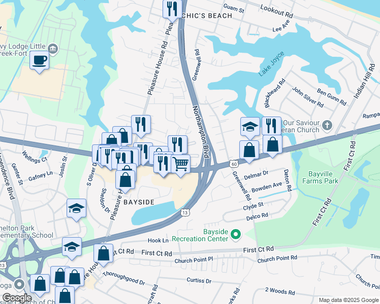 map of restaurants, bars, coffee shops, grocery stores, and more near 4605 Downeast Court in Virginia Beach