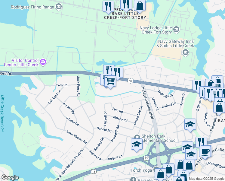map of restaurants, bars, coffee shops, grocery stores, and more near 5193 Shore Drive in Virginia Beach