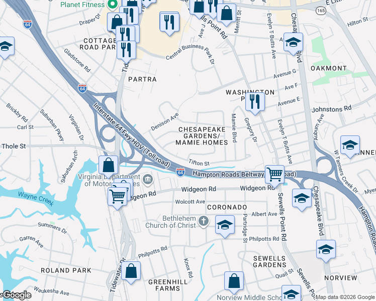 map of restaurants, bars, coffee shops, grocery stores, and more near 868 Tifton Street in Norfolk