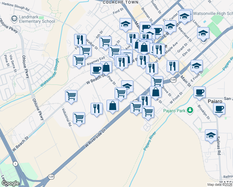 map of restaurants, bars, coffee shops, grocery stores, and more near 430 2nd Street in Watsonville