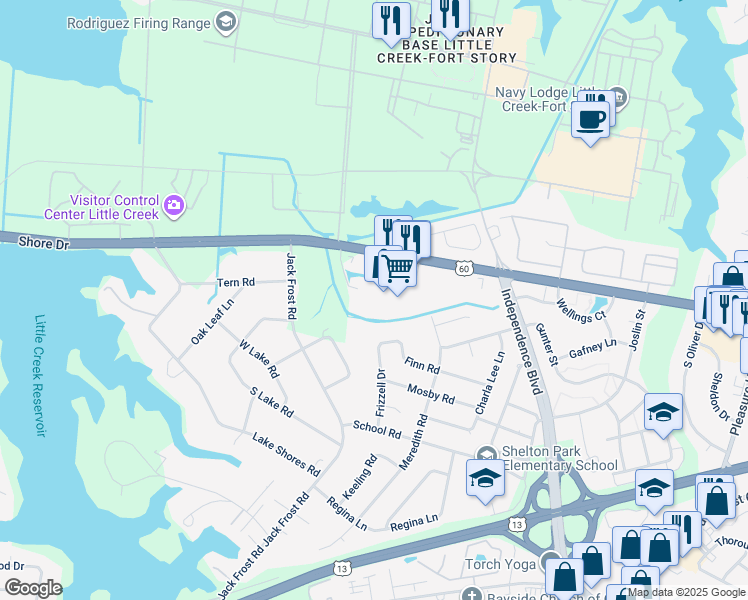 map of restaurants, bars, coffee shops, grocery stores, and more near 5201 Mile Course Walk in Virginia Beach