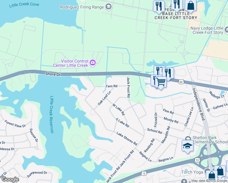 map of restaurants, bars, coffee shops, grocery stores, and more near 5249 North Lake Road in Virginia Beach