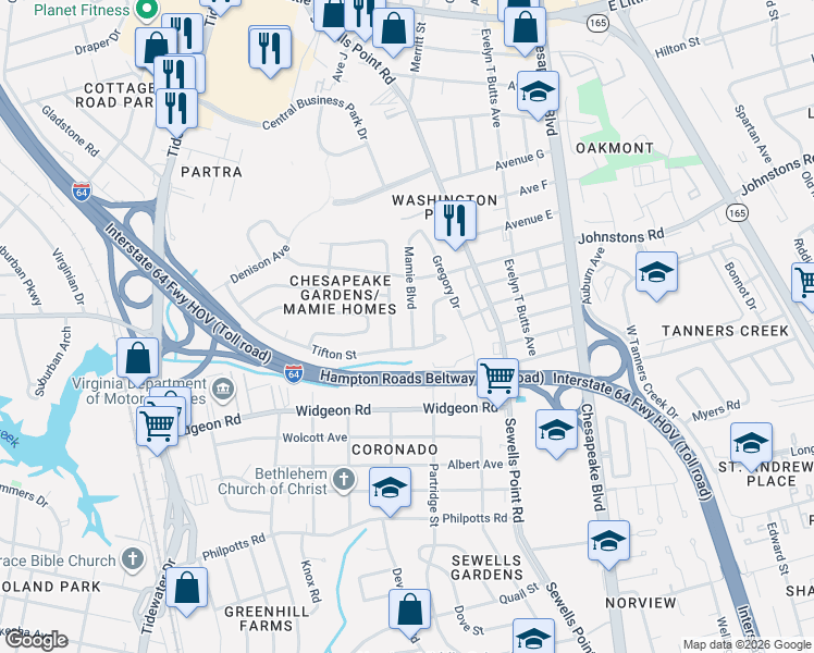 map of restaurants, bars, coffee shops, grocery stores, and more near 7001 Mamie Boulevard in Norfolk
