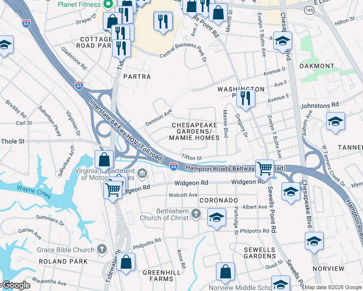 map of restaurants, bars, coffee shops, grocery stores, and more near 868 Tifton Street in Norfolk