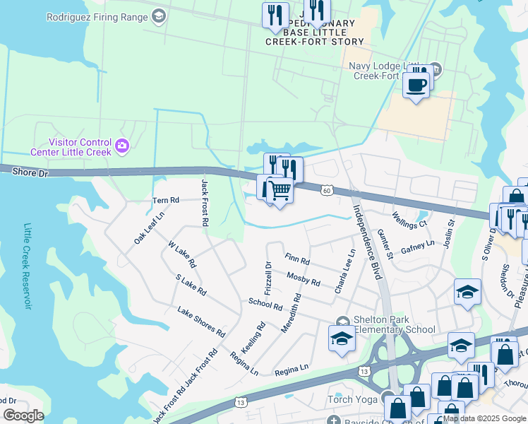 map of restaurants, bars, coffee shops, grocery stores, and more near 5201 Mile Course Walk in Virginia Beach