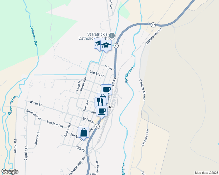 map of restaurants, bars, coffee shops, grocery stores, and more near 3rd Street in Chama