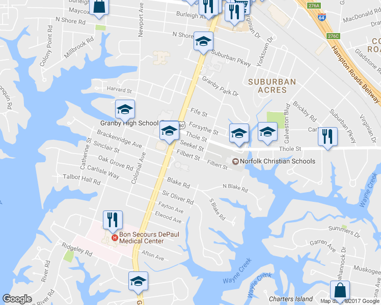 map of restaurants, bars, coffee shops, grocery stores, and more near 134 Filbert Street in Norfolk