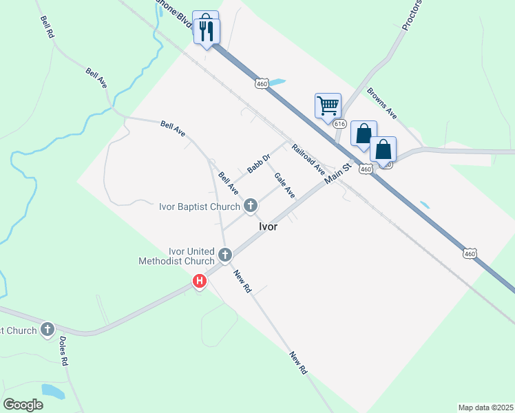 map of restaurants, bars, coffee shops, grocery stores, and more near 8509 State Route T-1201 in Ivor