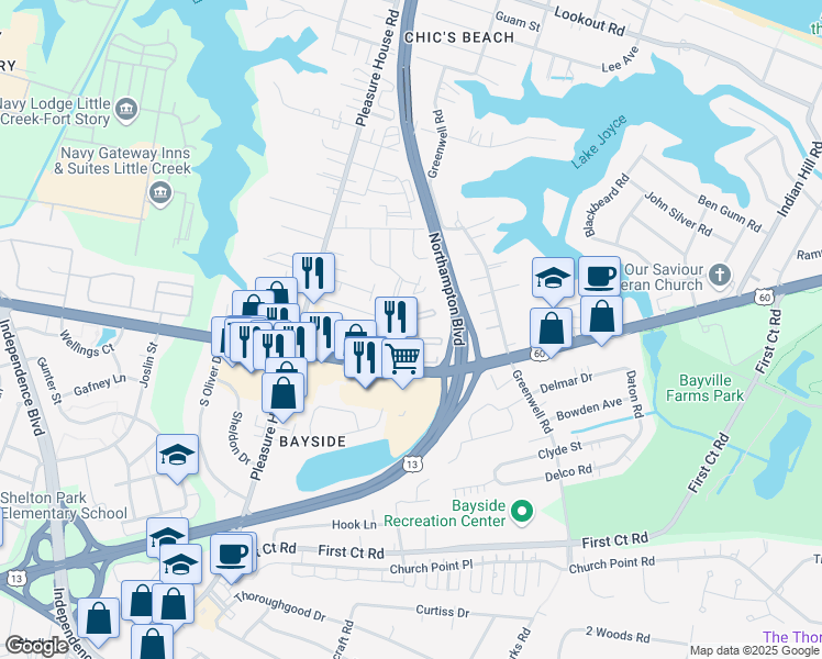 map of restaurants, bars, coffee shops, grocery stores, and more near 4640 Shore Drive in Virginia Beach