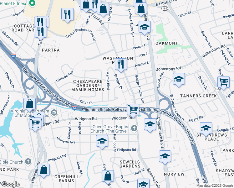 map of restaurants, bars, coffee shops, grocery stores, and more near 1029 Tifton Street in Norfolk