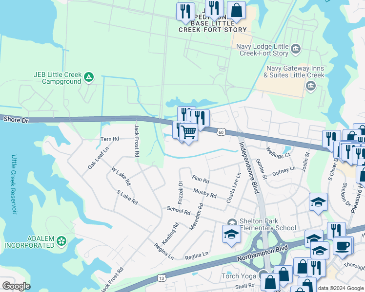 map of restaurants, bars, coffee shops, grocery stores, and more near 5193 Shore Drive in Virginia Beach