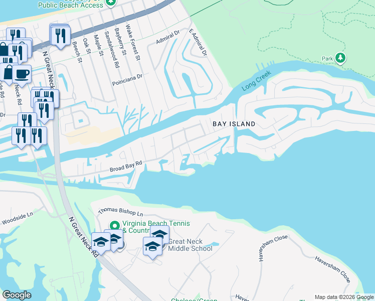 map of restaurants, bars, coffee shops, grocery stores, and more near 2009 Cove Road in Virginia Beach