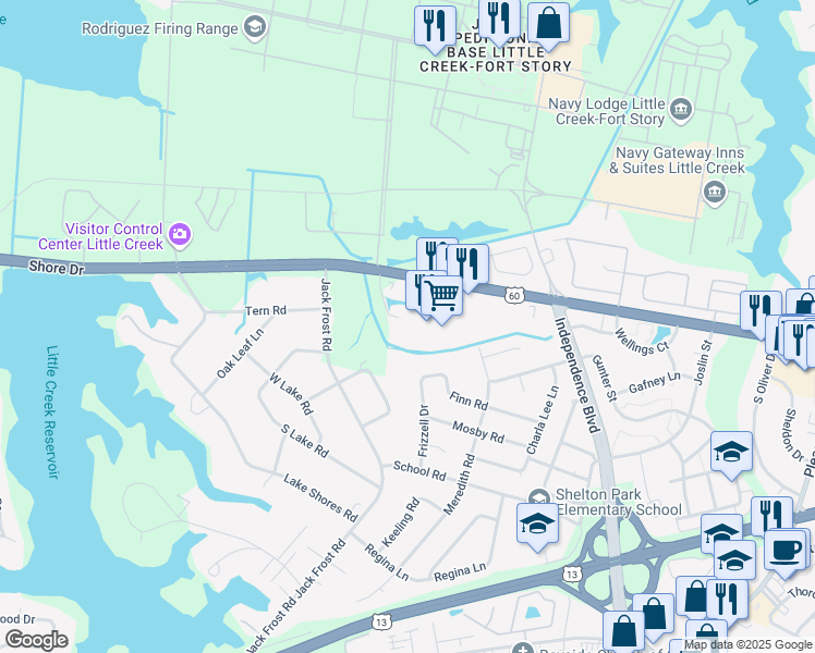 map of restaurants, bars, coffee shops, grocery stores, and more near 5240 Mile Course Walk in Virginia Beach