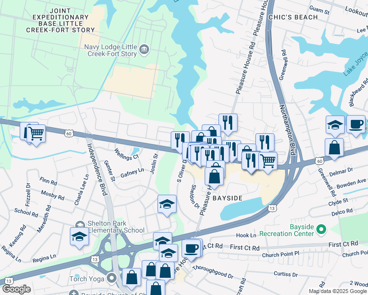 map of restaurants, bars, coffee shops, grocery stores, and more near 4872 Shore Drive in Virginia Beach