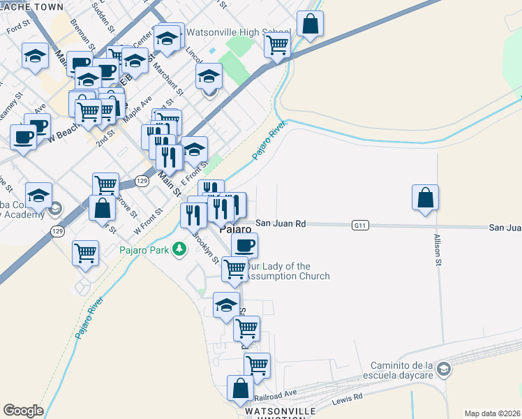 map of restaurants, bars, coffee shops, grocery stores, and more near 41 San Juan Road in Pajaro