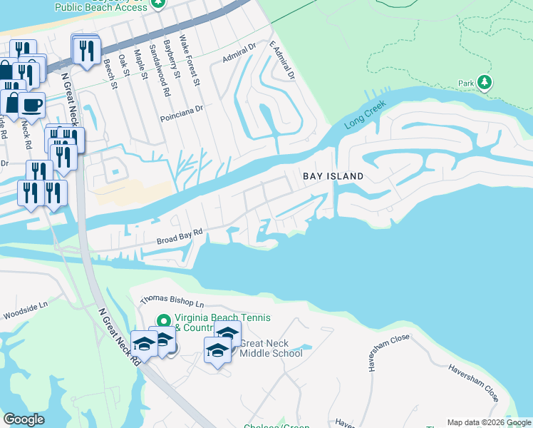 map of restaurants, bars, coffee shops, grocery stores, and more near 2009 Cove Road in Virginia Beach