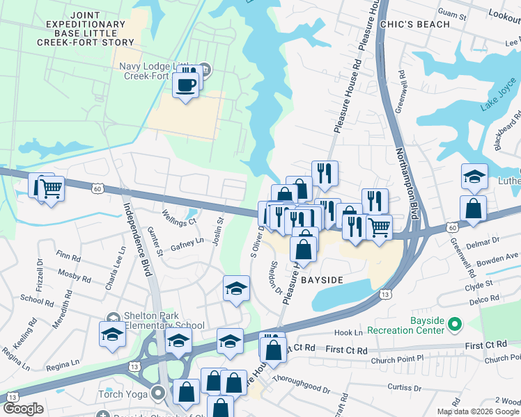 map of restaurants, bars, coffee shops, grocery stores, and more near 4865 Shore Drive in Virginia Beach