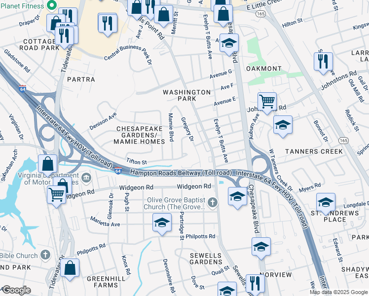 map of restaurants, bars, coffee shops, grocery stores, and more near 1029 Tifton Street in Norfolk