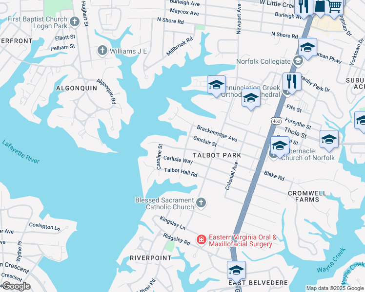 map of restaurants, bars, coffee shops, grocery stores, and more near 445 Oak Grove Road in Norfolk