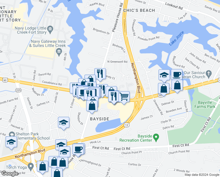 map of restaurants, bars, coffee shops, grocery stores, and more near 4720 Hollis Road in Virginia Beach